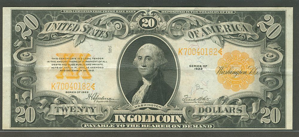 Fr.1187, 1922 $20 Gold Certificate, K70040182
